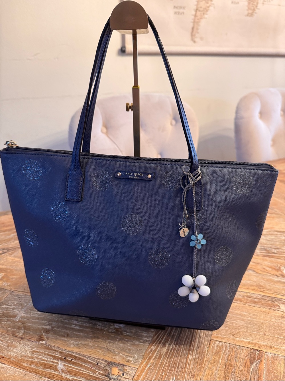 kate spade navy glitter polka dot tote with floral charm